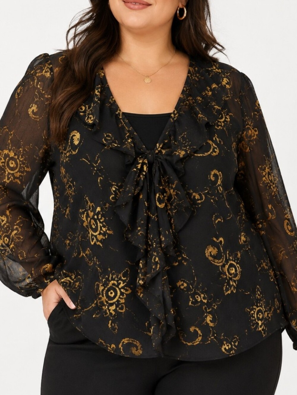 Lauren Ralph Lauren 2X Black Gold Sheer Ruffle Tie Neck Blouse Plus Size